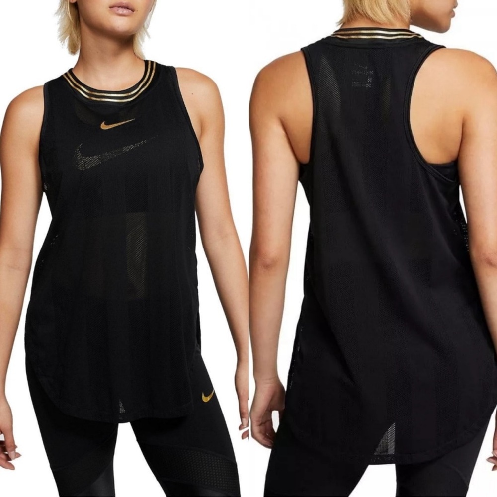 Nike Running Glam Dri Fit Black & Gold Mesh Tank Top Size Medium
